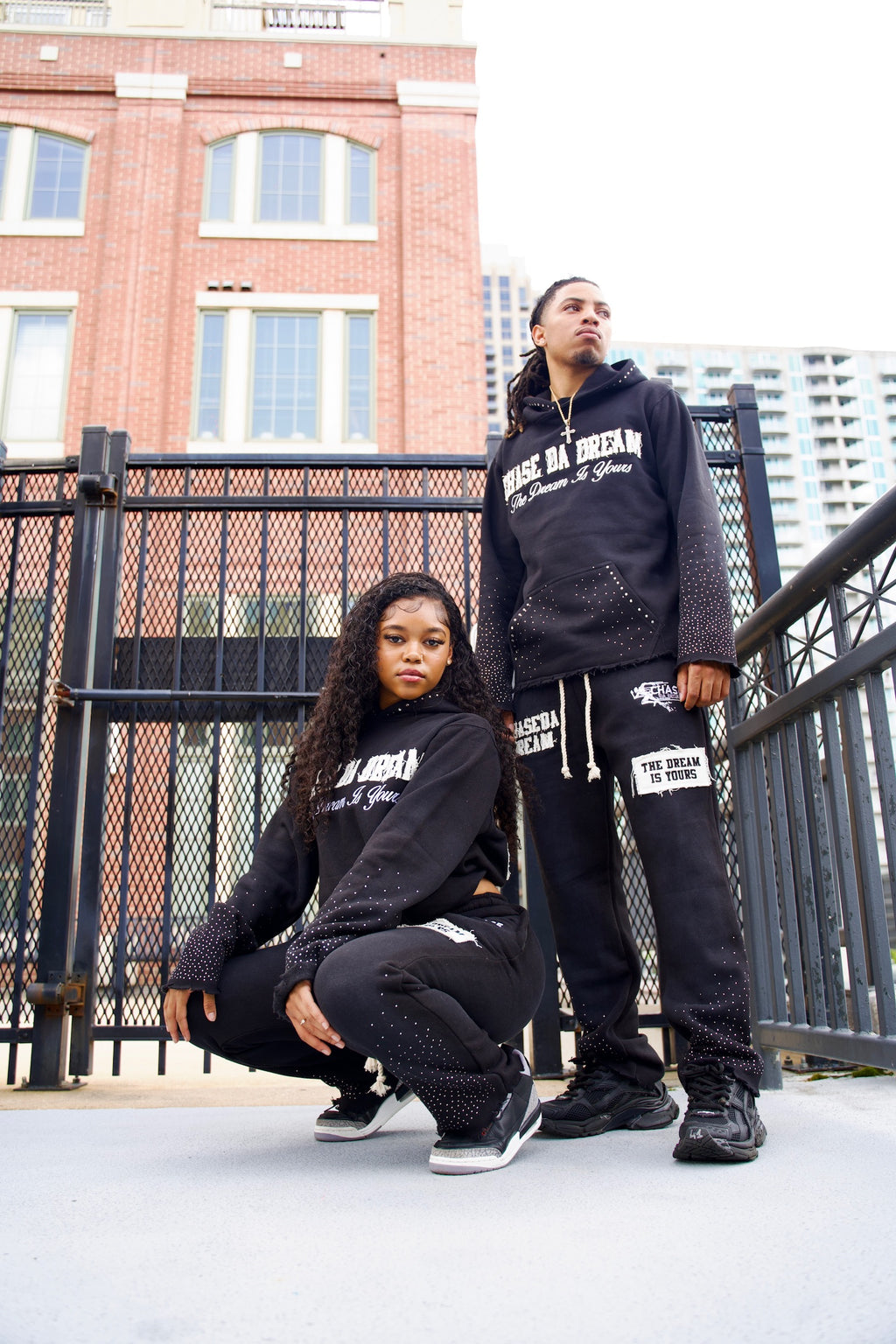Distressed Embroidery Sweat Suit with Rhinestones