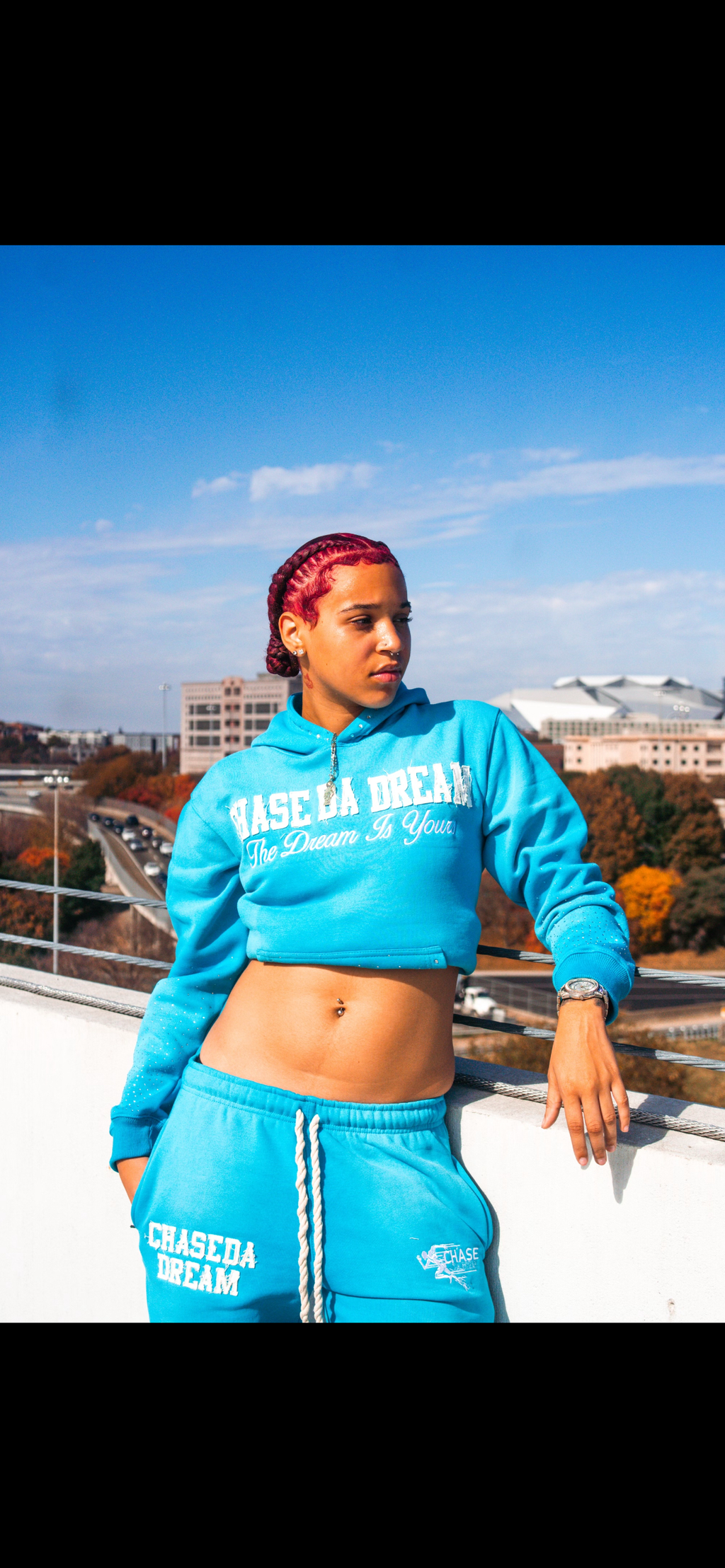 Distressed Embroidery Sweat Suit with Rhinestones